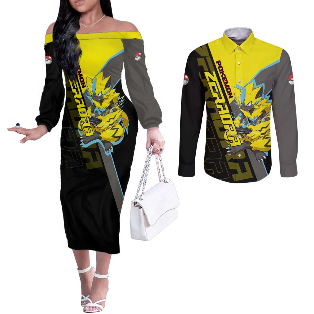 Zeraora Poké Couples Matching Off The Shoulder Long Sleeve Dress and Long Sleeve Button Shirt Electric Neon Anime Style