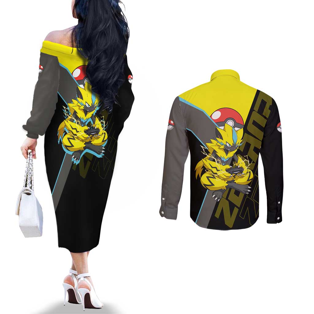 Zeraora Poké Couples Matching Off The Shoulder Long Sleeve Dress and Long Sleeve Button Shirt Electric Neon Anime Style