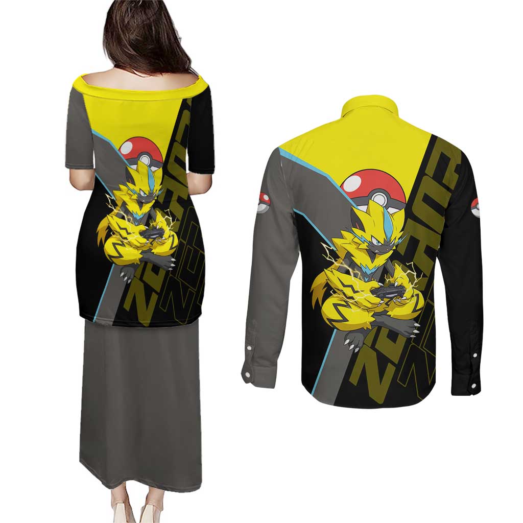 Zeraora Poké Couples Matching Puletasi and Long Sleeve Button Shirt Electric Neon Anime Style
