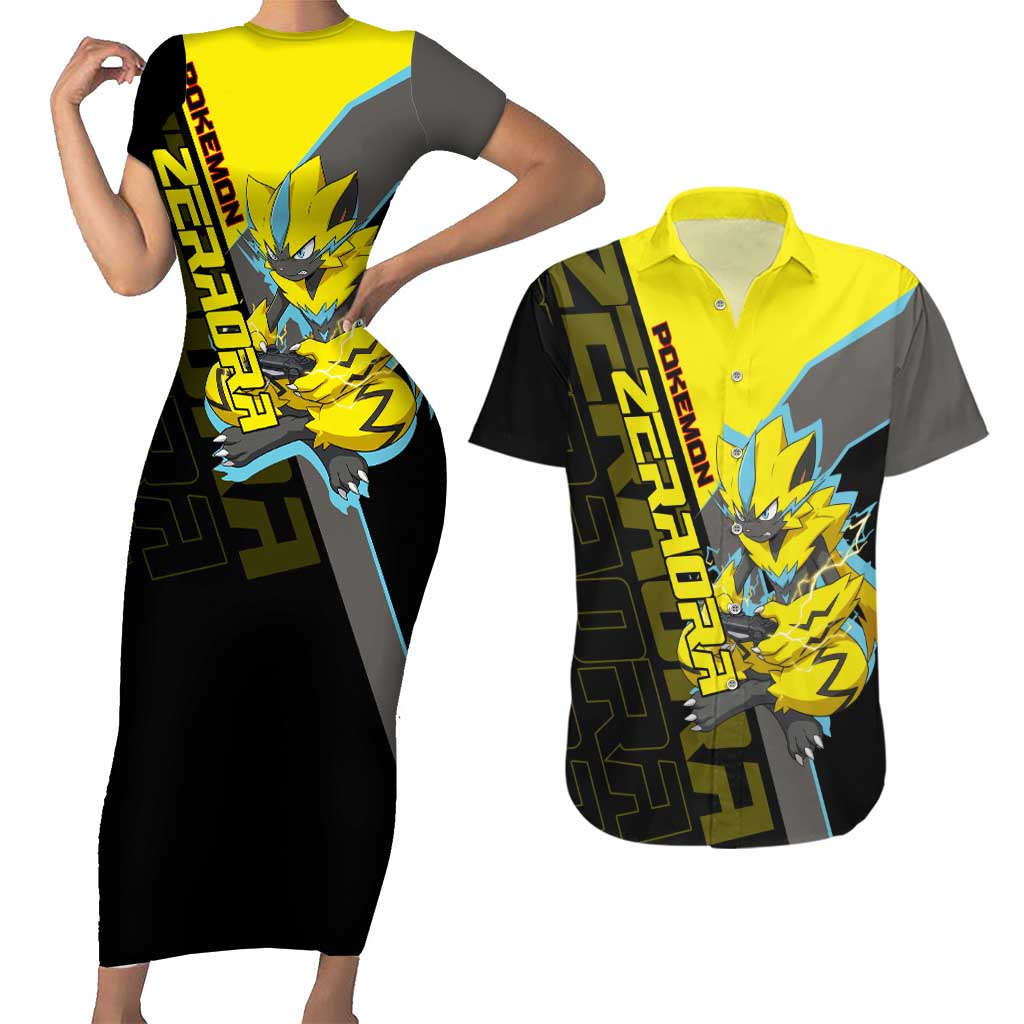 Zeraora Poké Couples Matching Short Sleeve Bodycon Dress and Hawaiian Shirt Electric Neon Anime Style