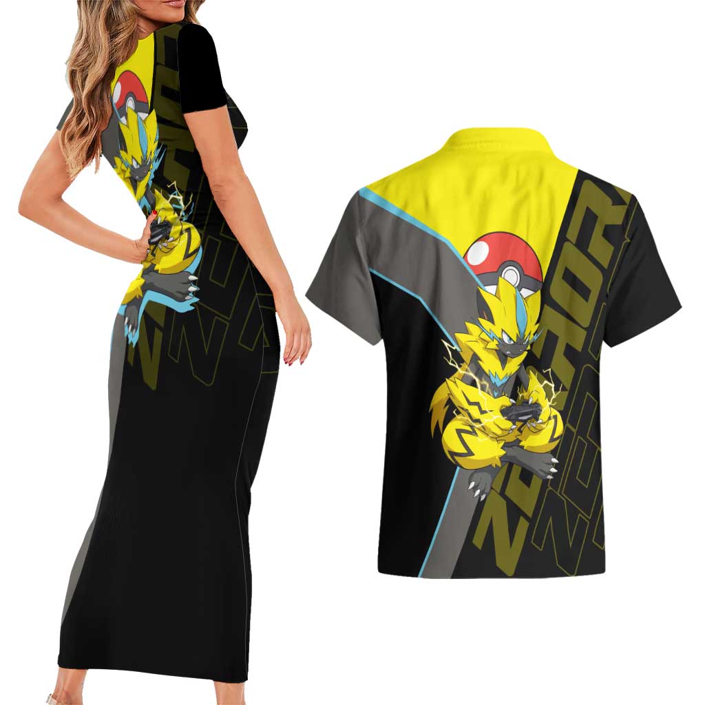 Zeraora Poké Couples Matching Short Sleeve Bodycon Dress and Hawaiian Shirt Electric Neon Anime Style