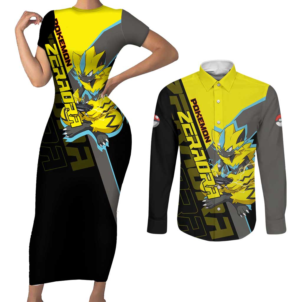Zeraora Poké Couples Matching Short Sleeve Bodycon Dress and Long Sleeve Button Shirt Electric Neon Anime Style