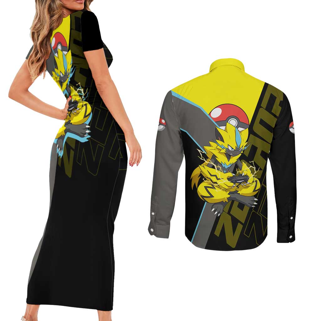 Zeraora Poké Couples Matching Short Sleeve Bodycon Dress and Long Sleeve Button Shirt Electric Neon Anime Style
