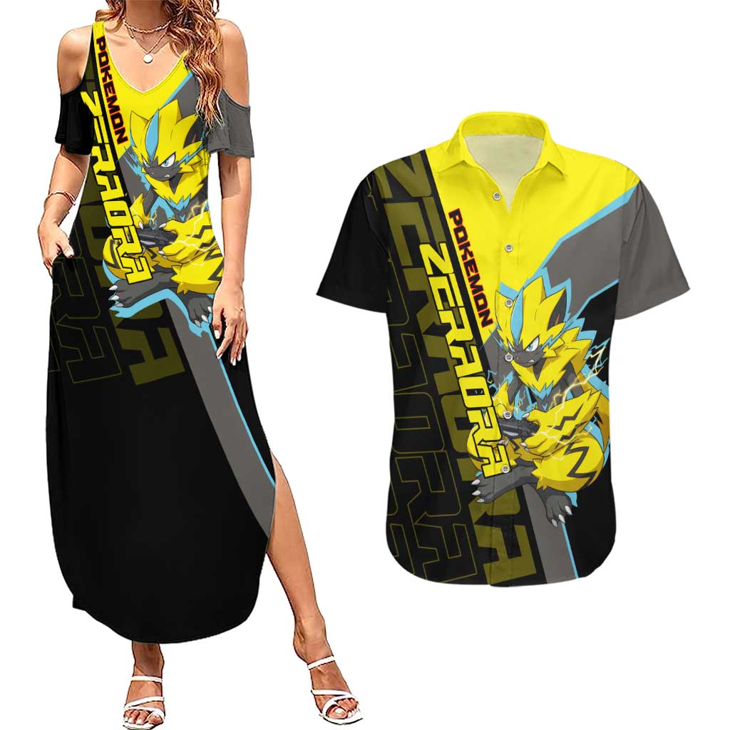 Zeraora Poké Couples Matching Summer Maxi Dress and Hawaiian Shirt Electric Neon Anime Style