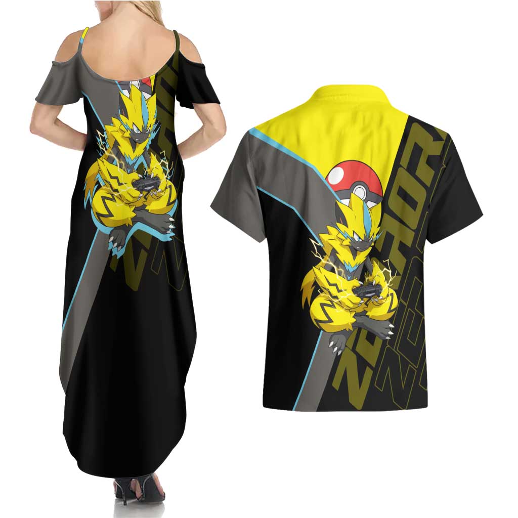 Zeraora Poké Couples Matching Summer Maxi Dress and Hawaiian Shirt Electric Neon Anime Style