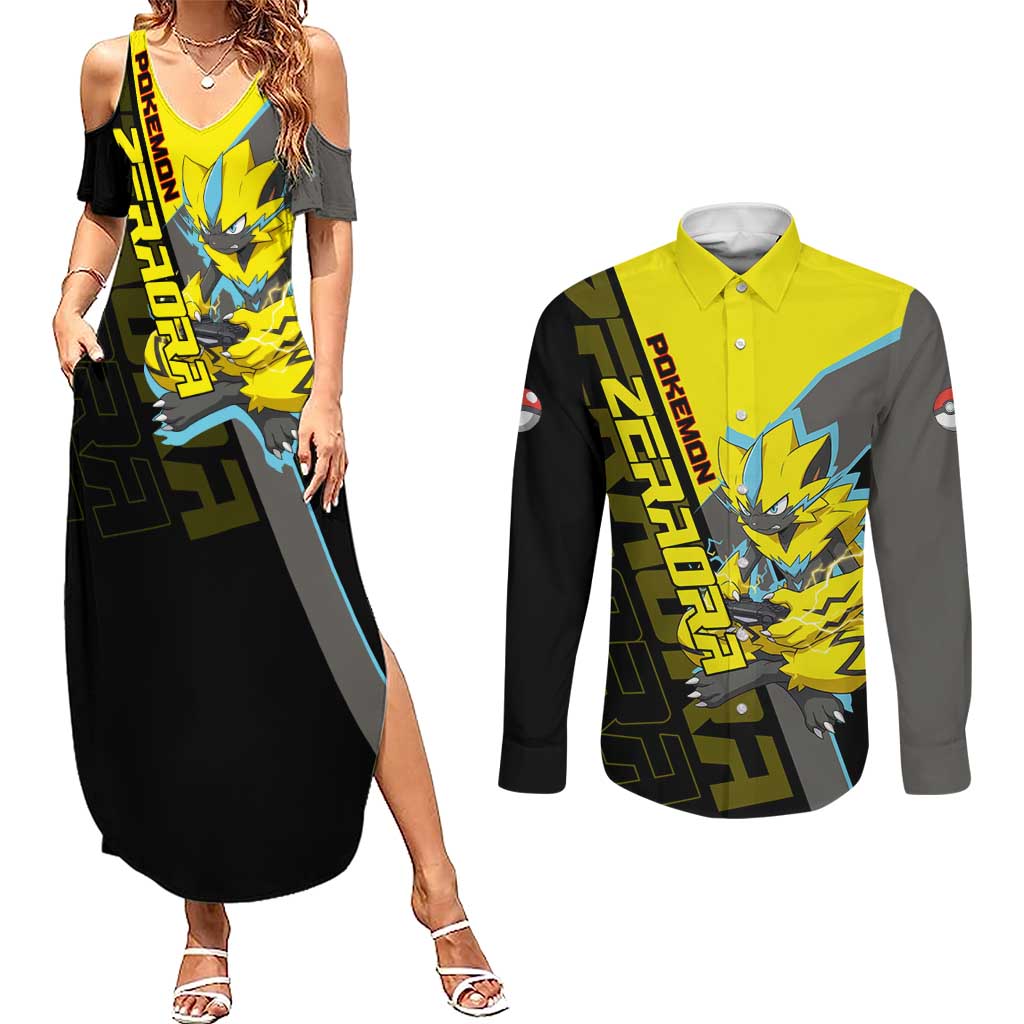 Zeraora Poké Couples Matching Summer Maxi Dress and Long Sleeve Button Shirt Electric Neon Anime Style