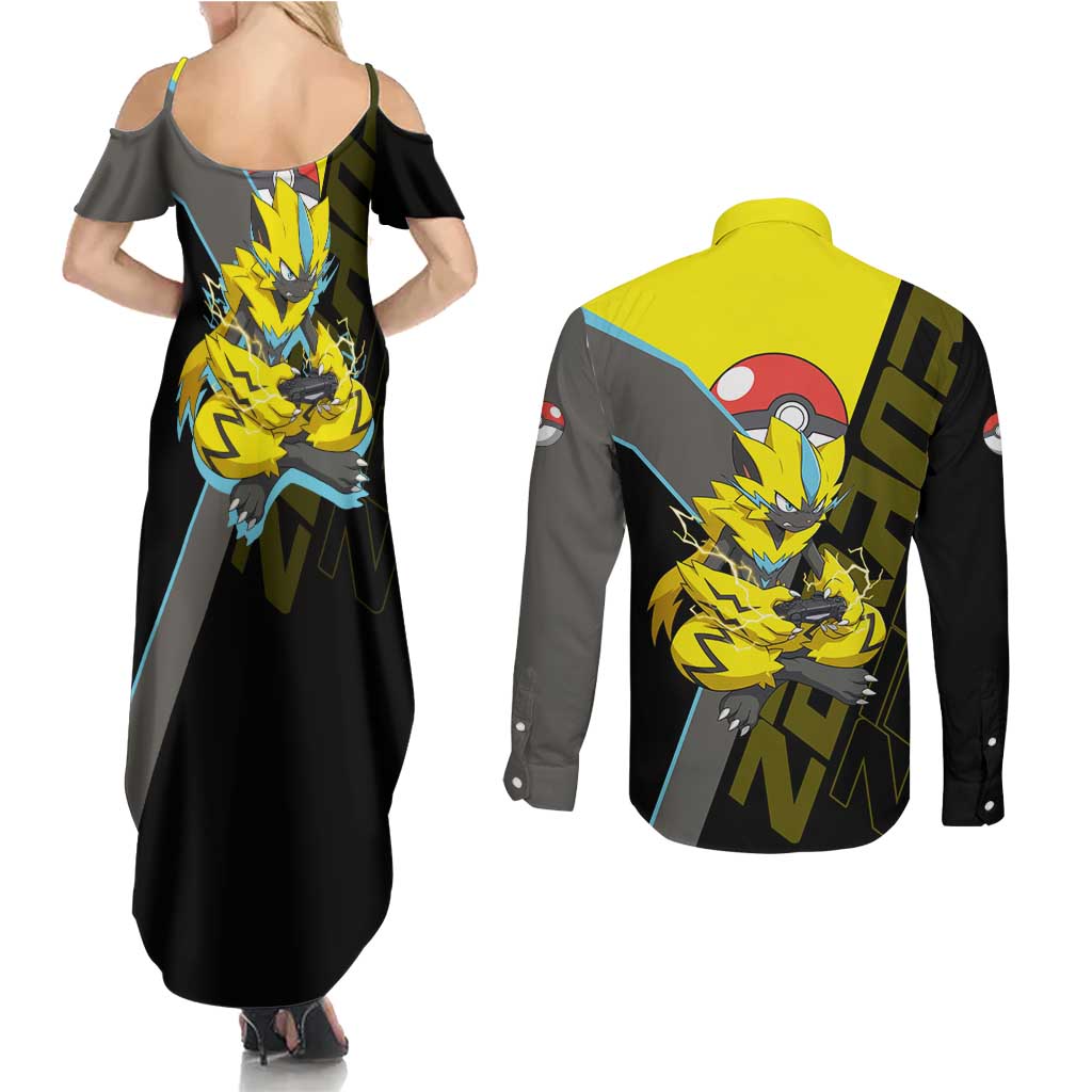 Zeraora Poké Couples Matching Summer Maxi Dress and Long Sleeve Button Shirt Electric Neon Anime Style