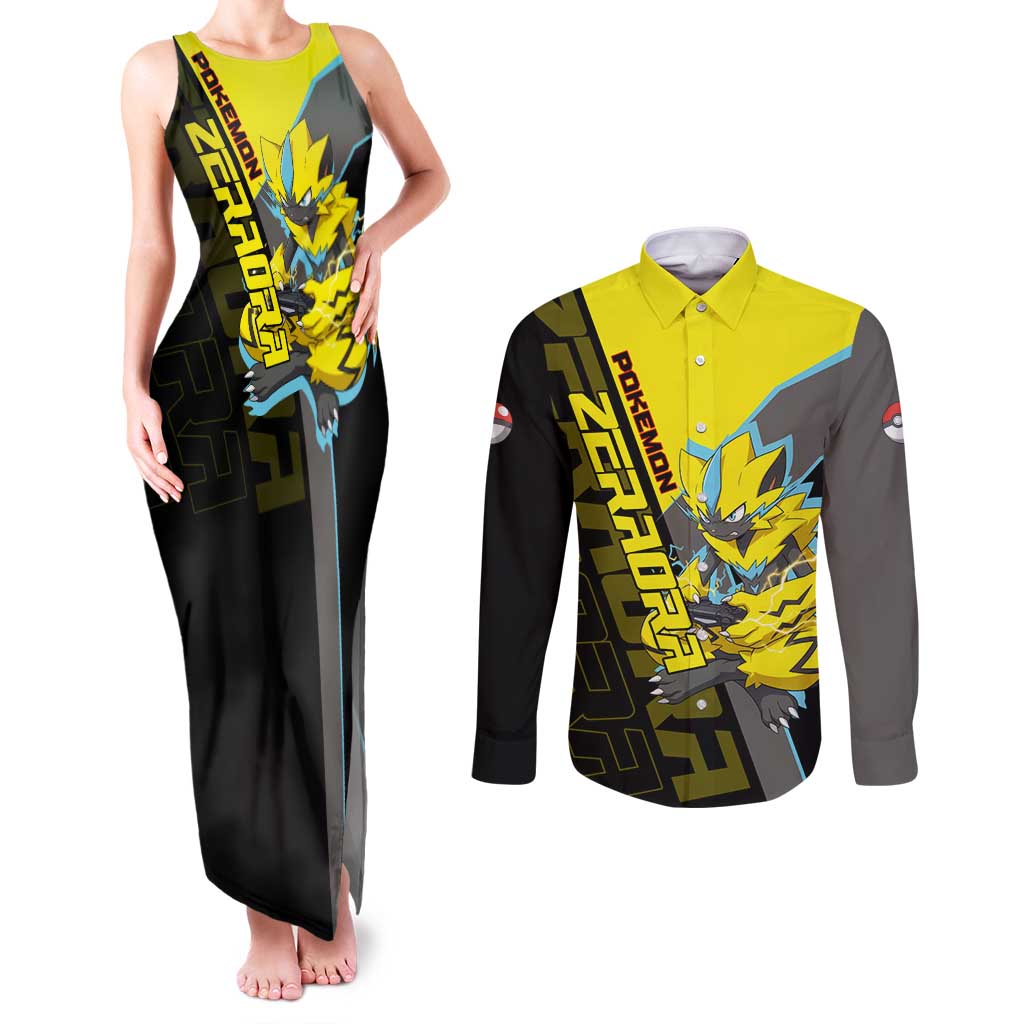 Zeraora Poké Couples Matching Tank Maxi Dress and Long Sleeve Button Shirt Electric Neon Anime Style