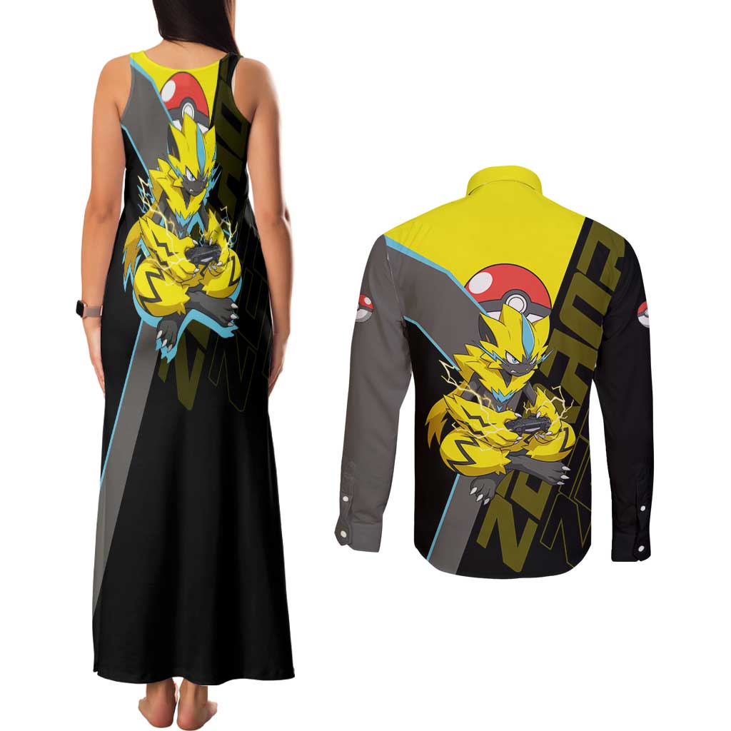 Zeraora Poké Couples Matching Tank Maxi Dress and Long Sleeve Button Shirt Electric Neon Anime Style