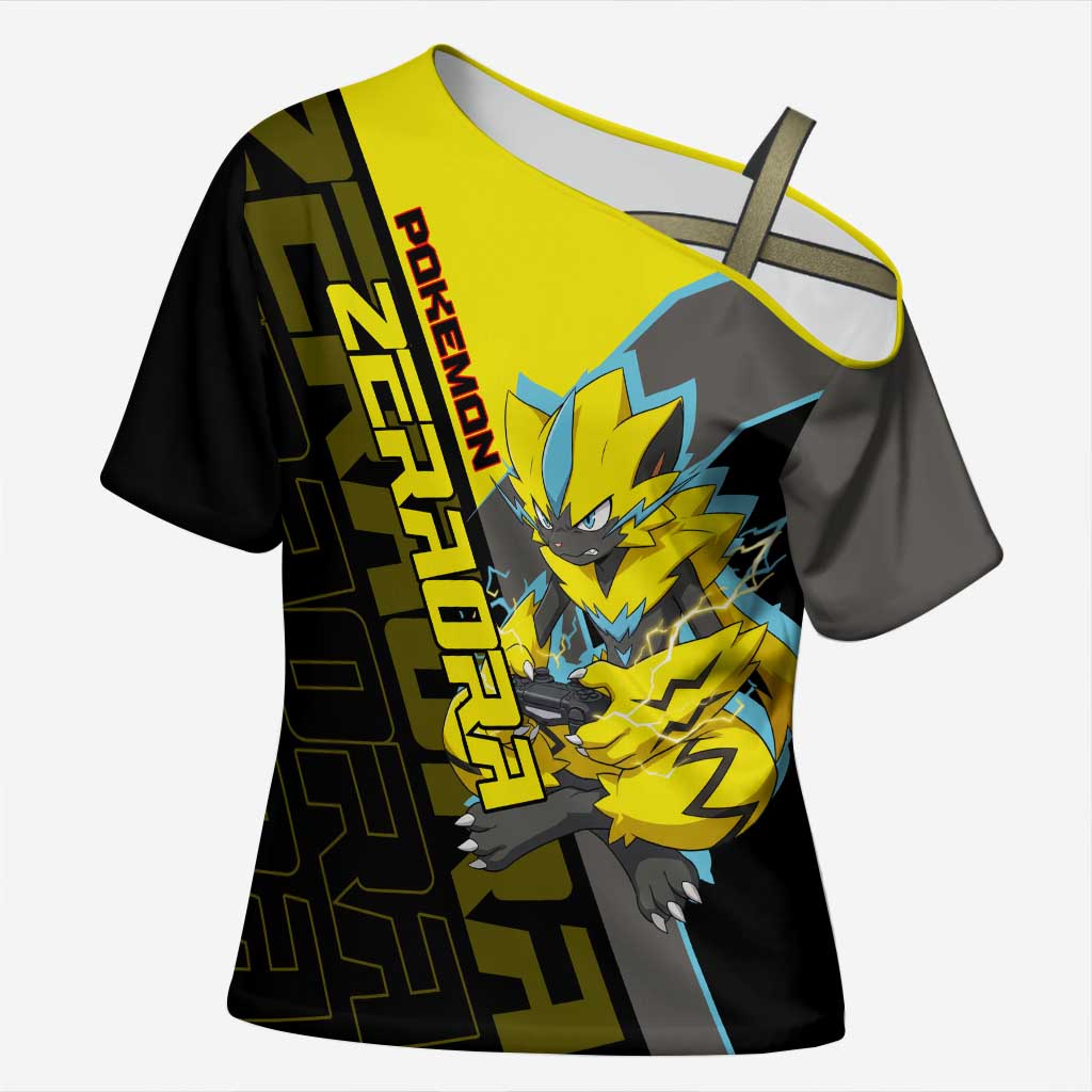 Zeraora Poké Cross Shoulder Shirt Electric Neon Anime Style