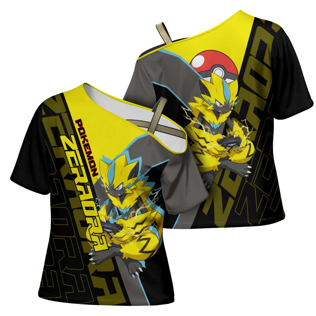 Zeraora Poké Cross Shoulder Shirt Electric Neon Anime Style