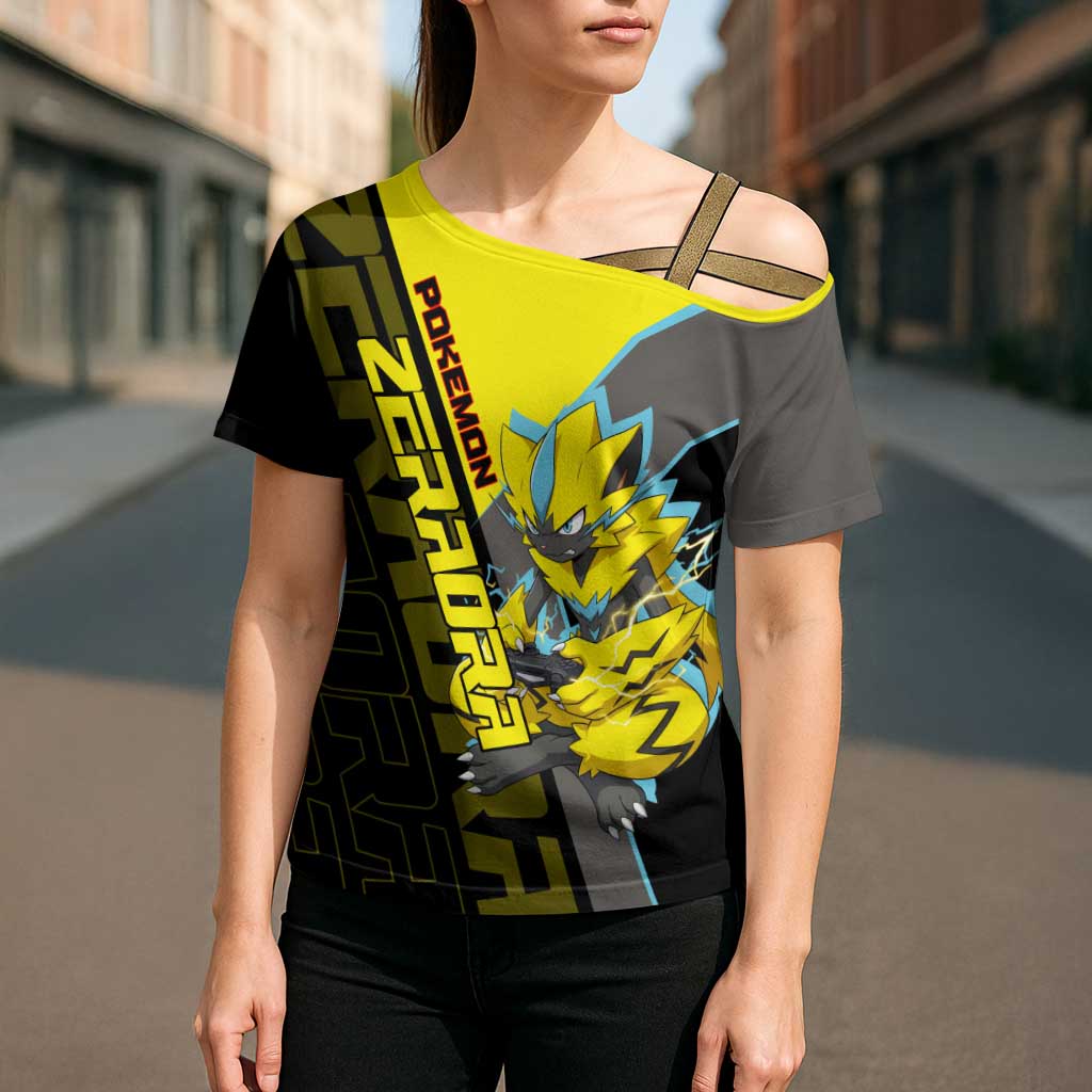 Zeraora Poké Cross Shoulder Shirt Electric Neon Anime Style