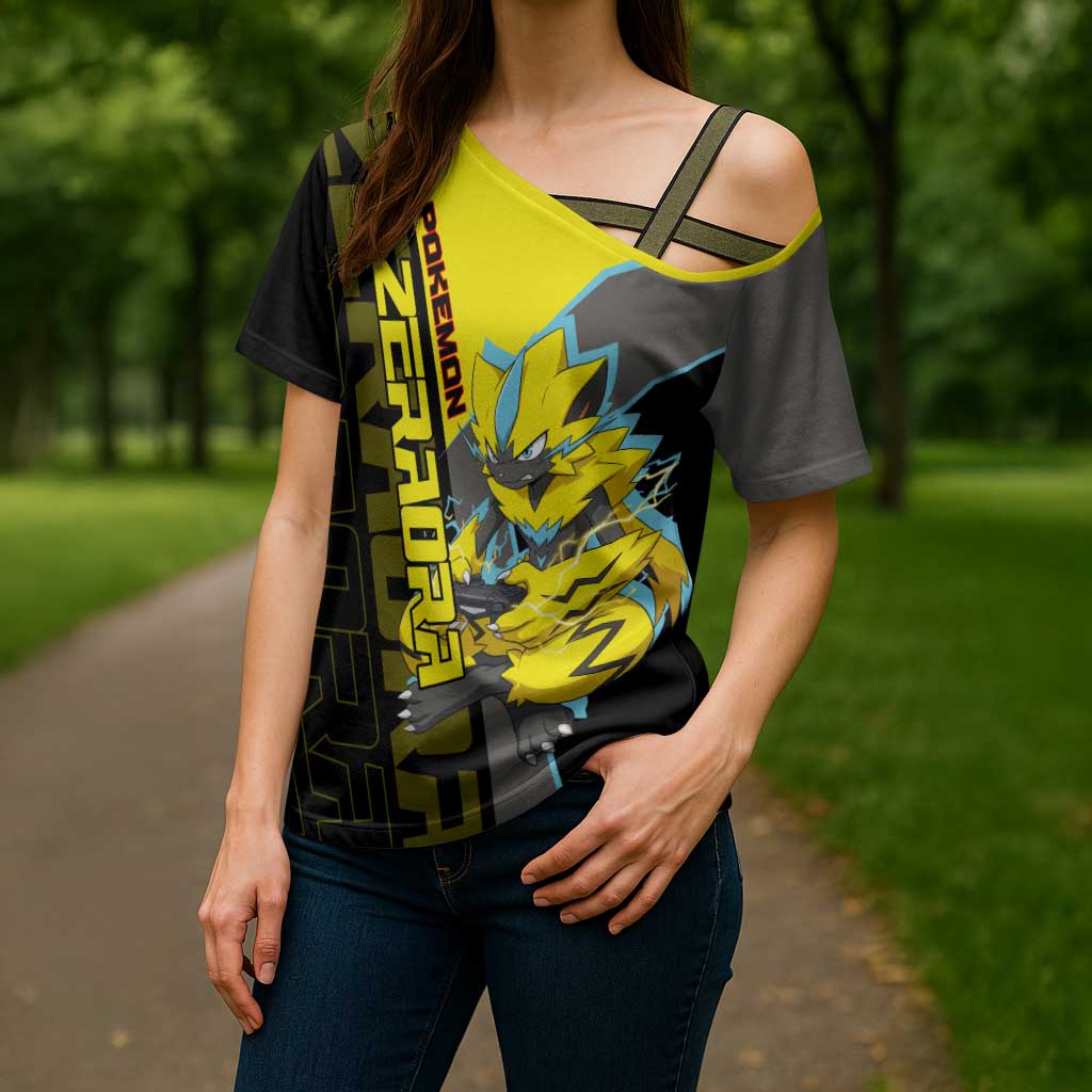 Zeraora Poké Cross Shoulder Shirt Electric Neon Anime Style