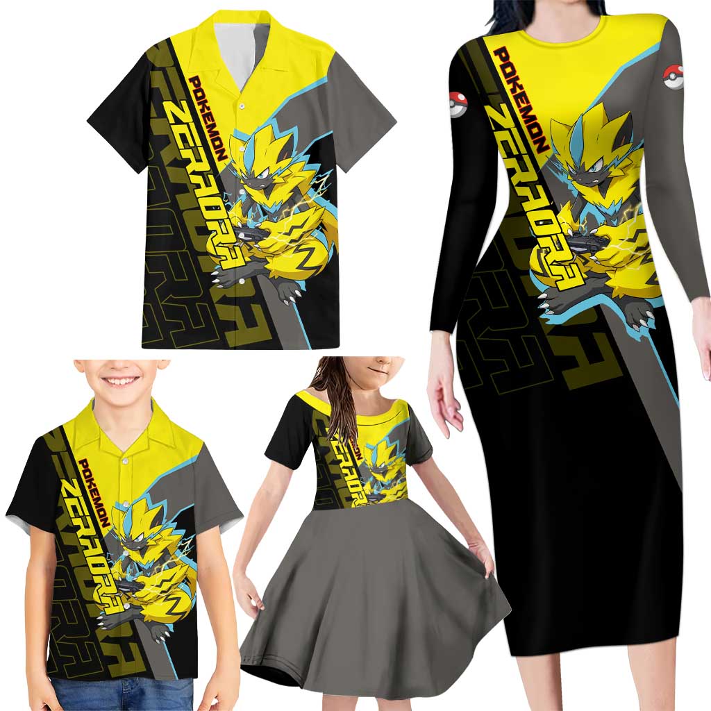 Zeraora Poké Family Matching Long Sleeve Bodycon Dress and Hawaiian Shirt Electric Neon Anime Style