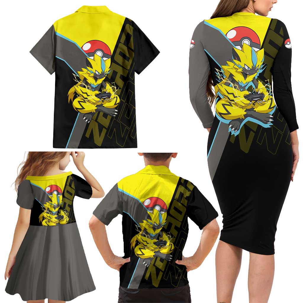 Zeraora Poké Family Matching Long Sleeve Bodycon Dress and Hawaiian Shirt Electric Neon Anime Style