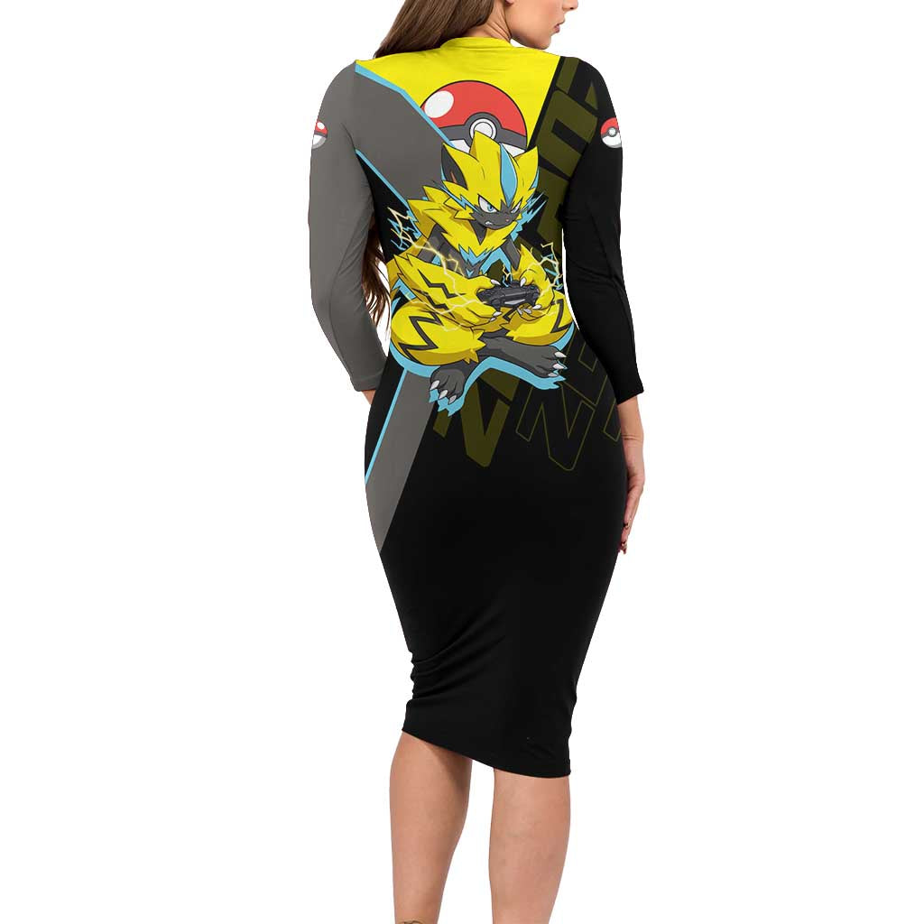 Zeraora Poké Family Matching Long Sleeve Bodycon Dress and Hawaiian Shirt Electric Neon Anime Style