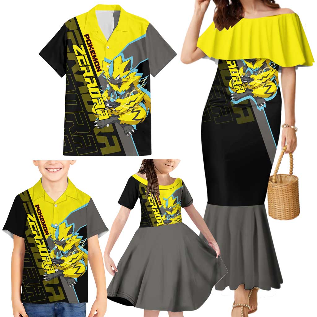 Zeraora Poké Family Matching Mermaid Dress and Hawaiian Shirt Electric Neon Anime Style