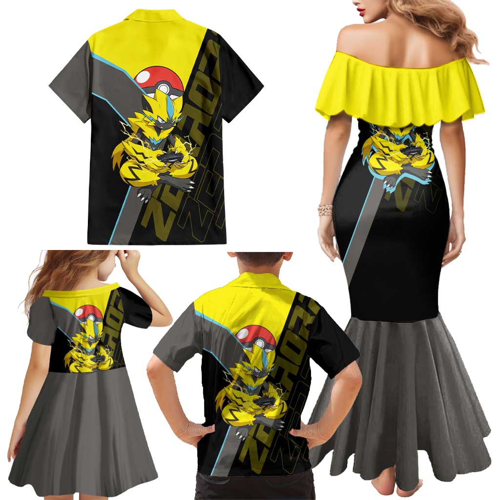 Zeraora Poké Family Matching Mermaid Dress and Hawaiian Shirt Electric Neon Anime Style