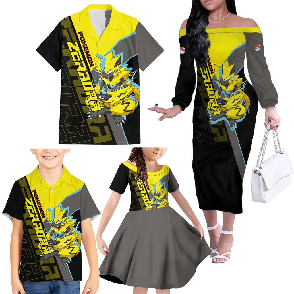 Zeraora Poké Family Matching Off The Shoulder Long Sleeve Dress and Hawaiian Shirt Electric Neon Anime Style