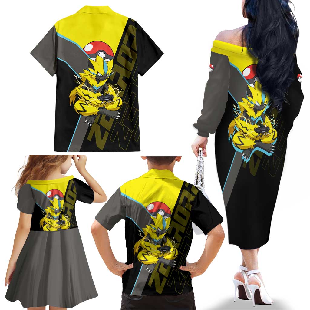 Zeraora Poké Family Matching Off The Shoulder Long Sleeve Dress and Hawaiian Shirt Electric Neon Anime Style