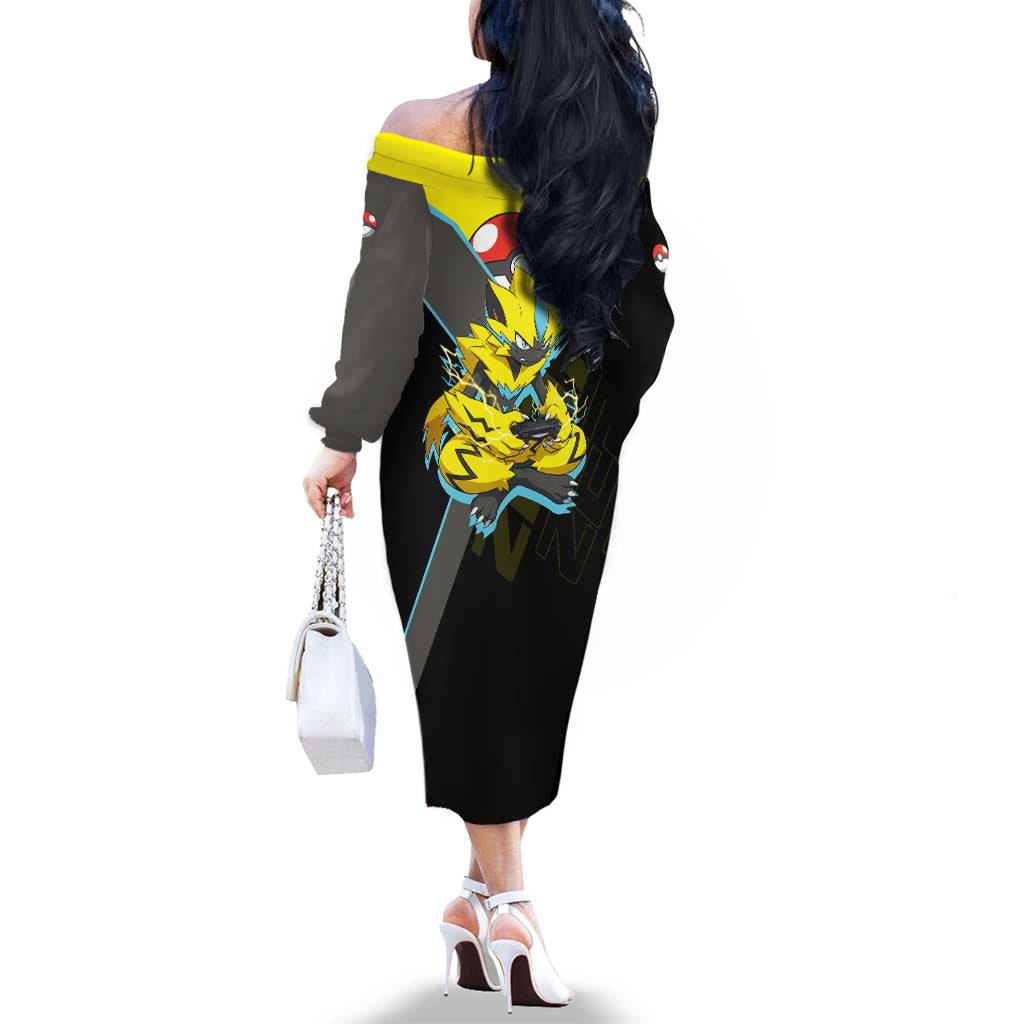 Zeraora Poké Family Matching Off The Shoulder Long Sleeve Dress and Hawaiian Shirt Electric Neon Anime Style