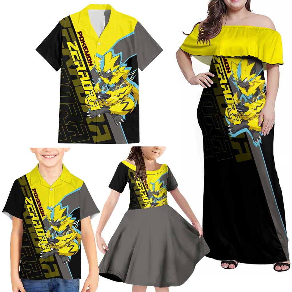Zeraora Poké Family Matching Off Shoulder Maxi Dress and Hawaiian Shirt Electric Neon Anime Style