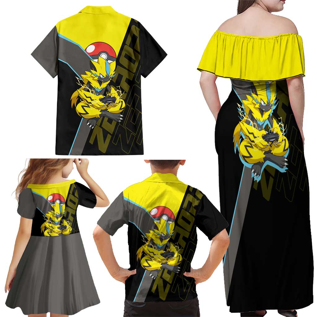 Zeraora Poké Family Matching Off Shoulder Maxi Dress and Hawaiian Shirt Electric Neon Anime Style