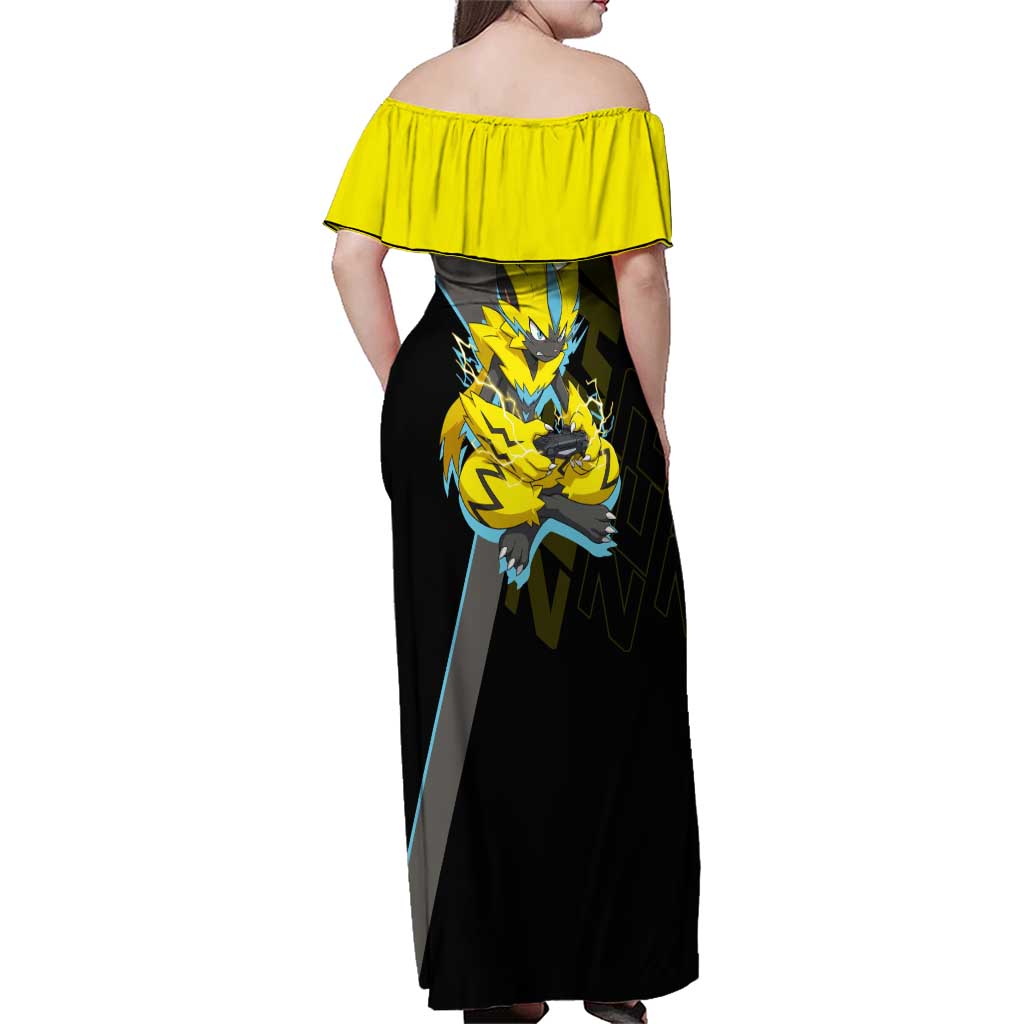 Zeraora Poké Family Matching Off Shoulder Maxi Dress and Hawaiian Shirt Electric Neon Anime Style