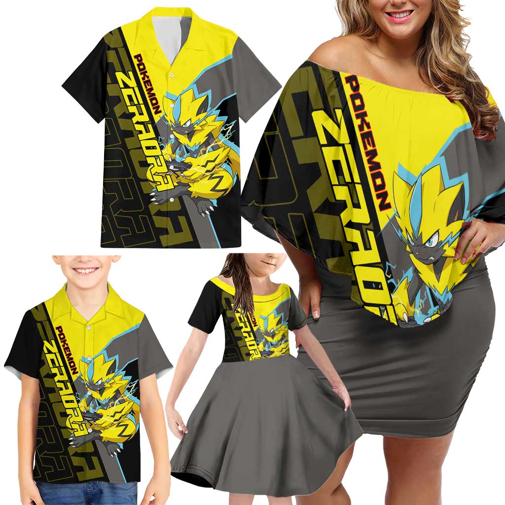 Zeraora Poké Family Matching Off Shoulder Short Dress and Hawaiian Shirt Electric Neon Anime Style