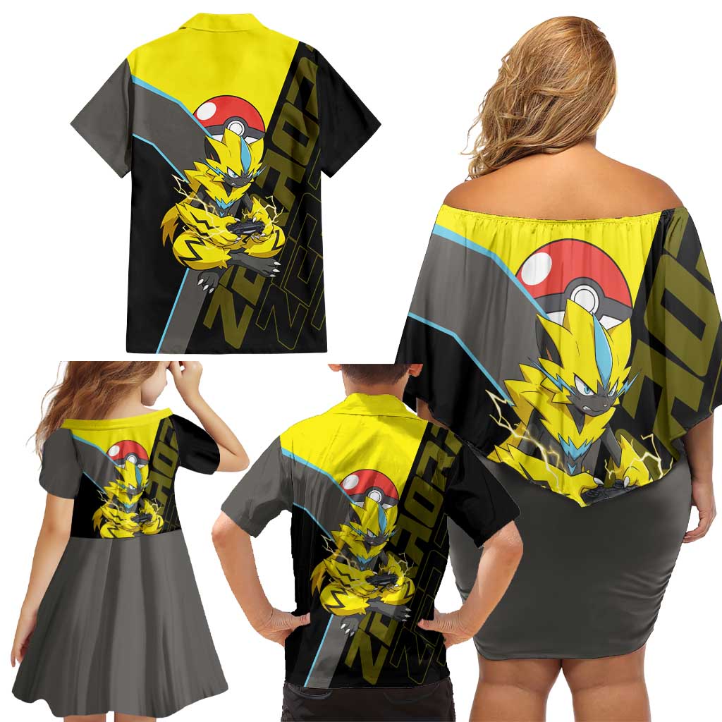 Zeraora Poké Family Matching Off Shoulder Short Dress and Hawaiian Shirt Electric Neon Anime Style