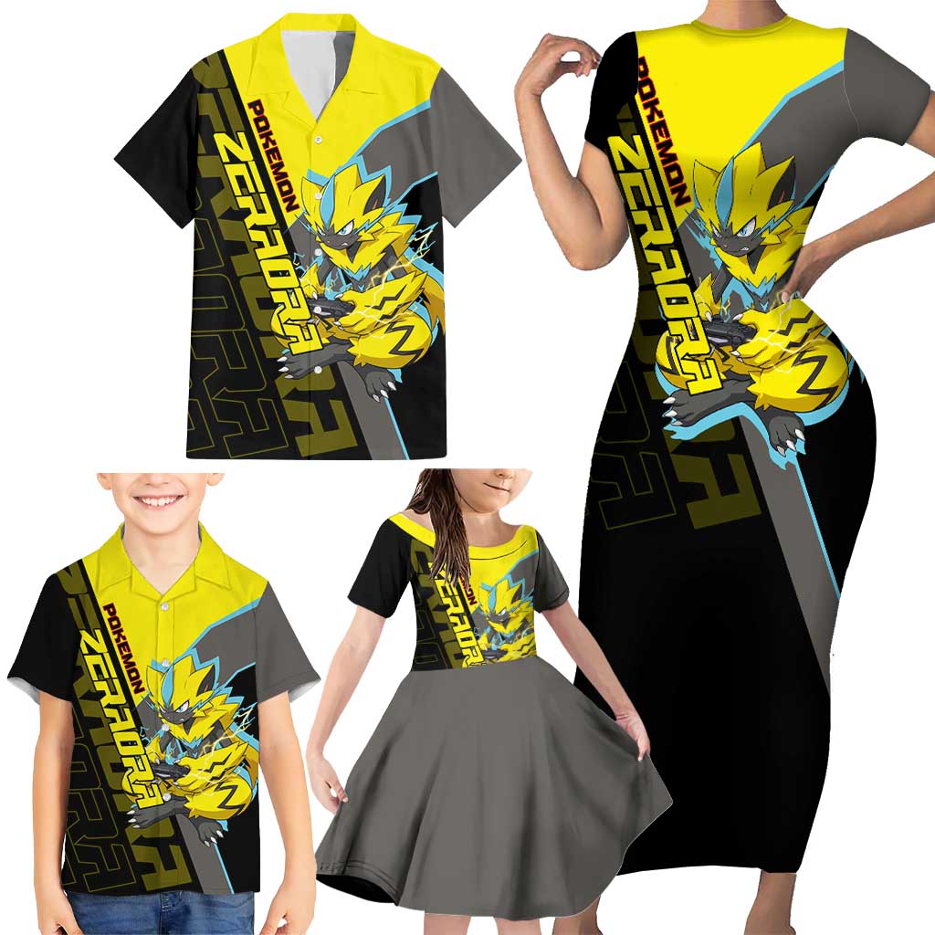 Zeraora Poké Family Matching Short Sleeve Bodycon Dress and Hawaiian Shirt Electric Neon Anime Style