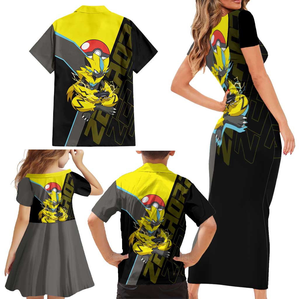 Zeraora Poké Family Matching Short Sleeve Bodycon Dress and Hawaiian Shirt Electric Neon Anime Style