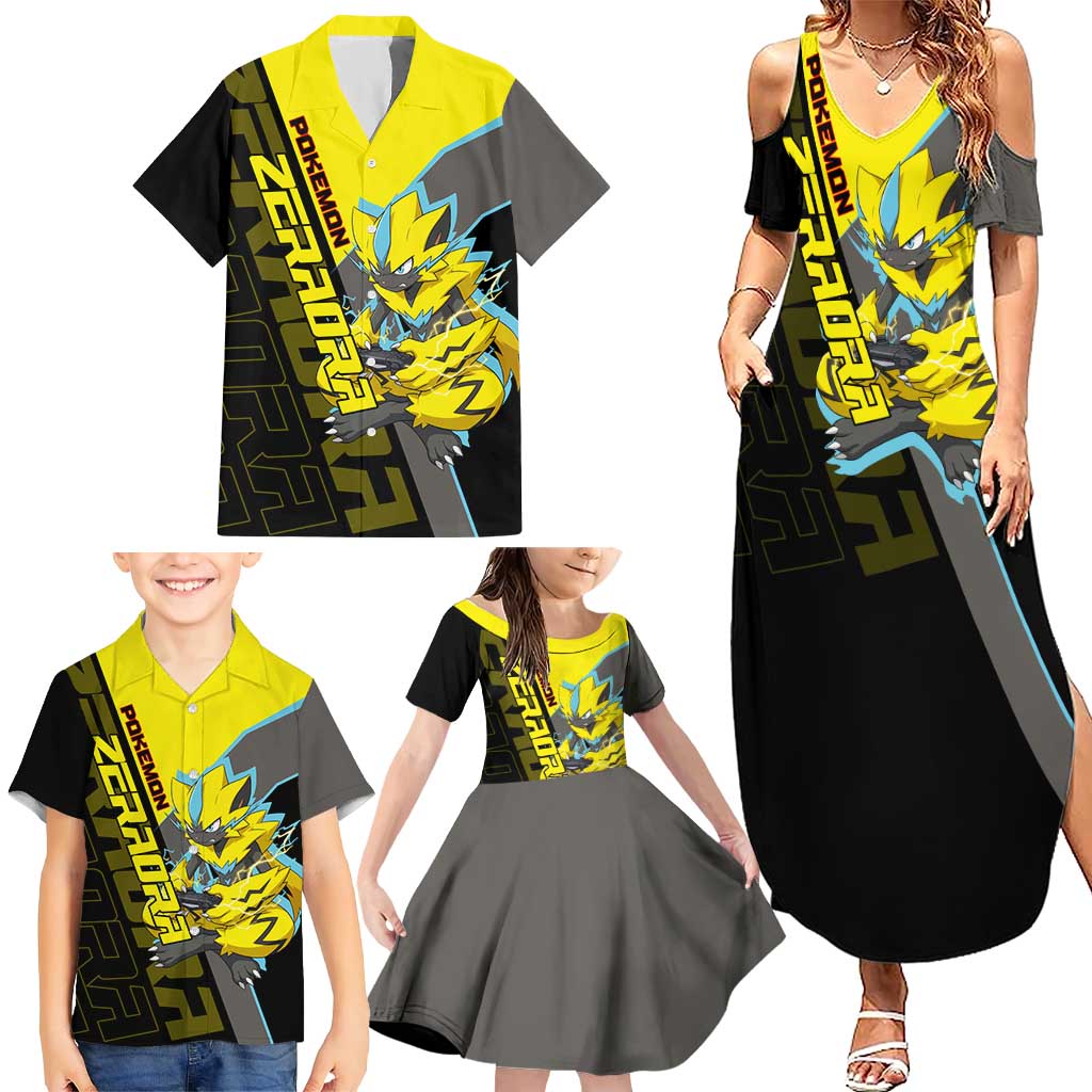 Zeraora Poké Family Matching Summer Maxi Dress and Hawaiian Shirt Electric Neon Anime Style