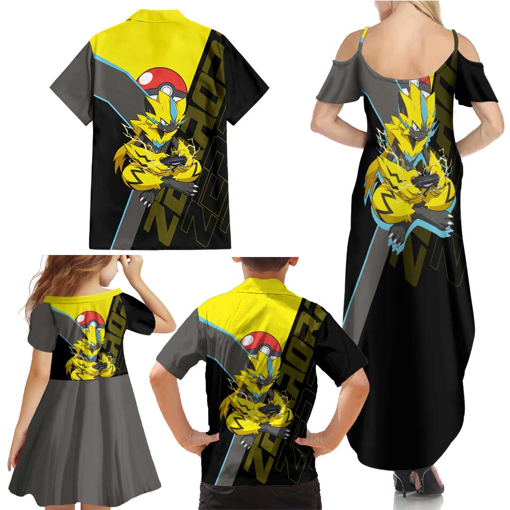 Zeraora Poké Family Matching Summer Maxi Dress and Hawaiian Shirt Electric Neon Anime Style
