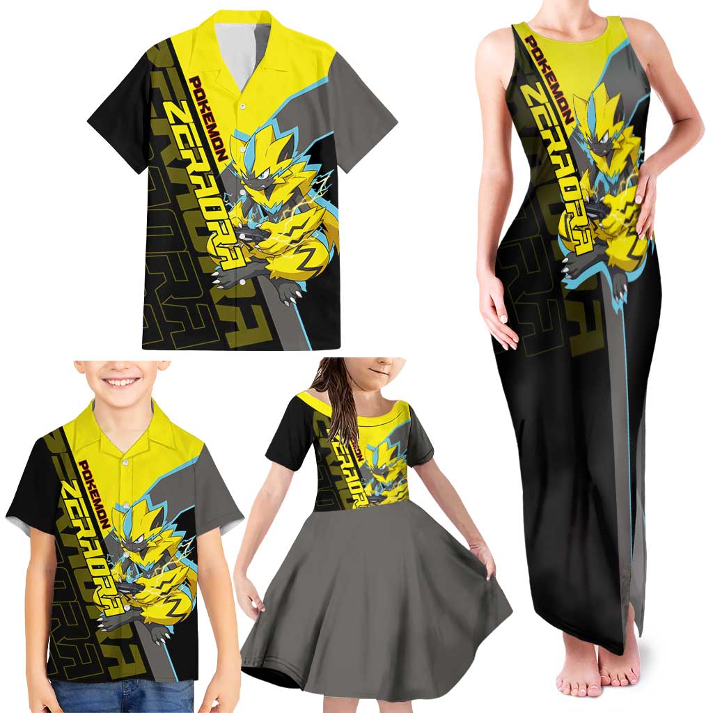 Zeraora Poké Family Matching Tank Maxi Dress and Hawaiian Shirt Electric Neon Anime Style
