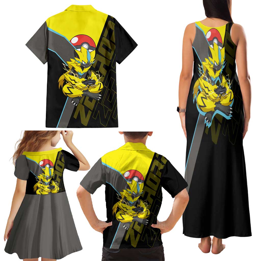 Zeraora Poké Family Matching Tank Maxi Dress and Hawaiian Shirt Electric Neon Anime Style