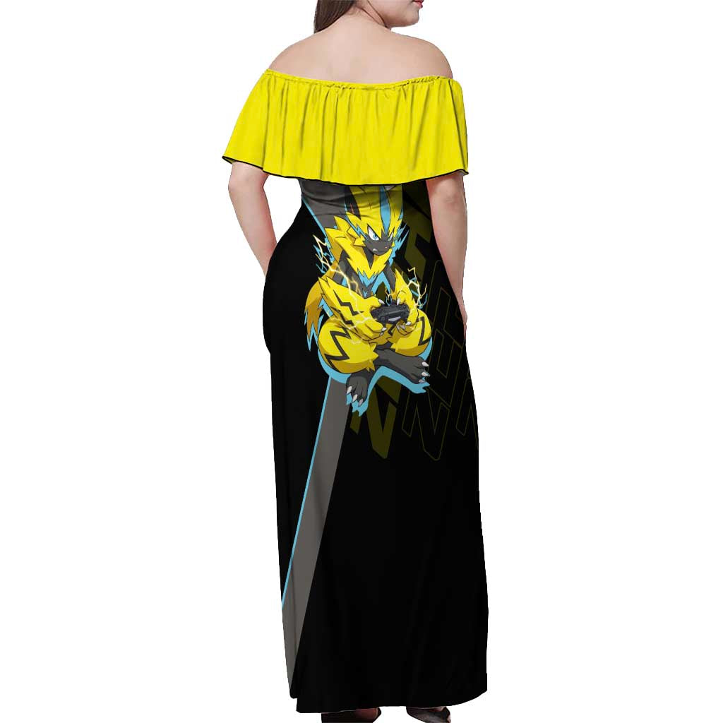 Zeraora Poké Off Shoulder Maxi Dress Electric Neon Anime Style