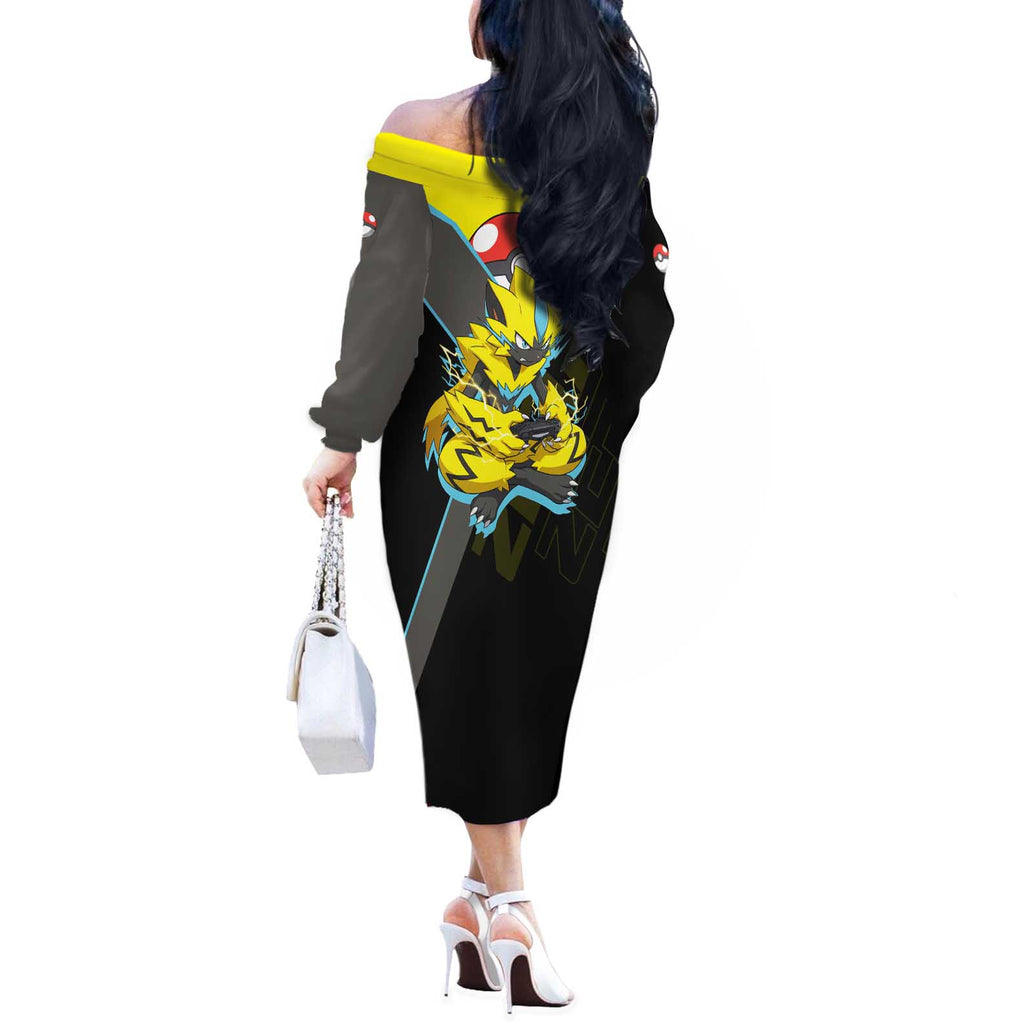 Zeraora Poké Off The Shoulder Long Sleeve Dress Electric Neon Anime Style