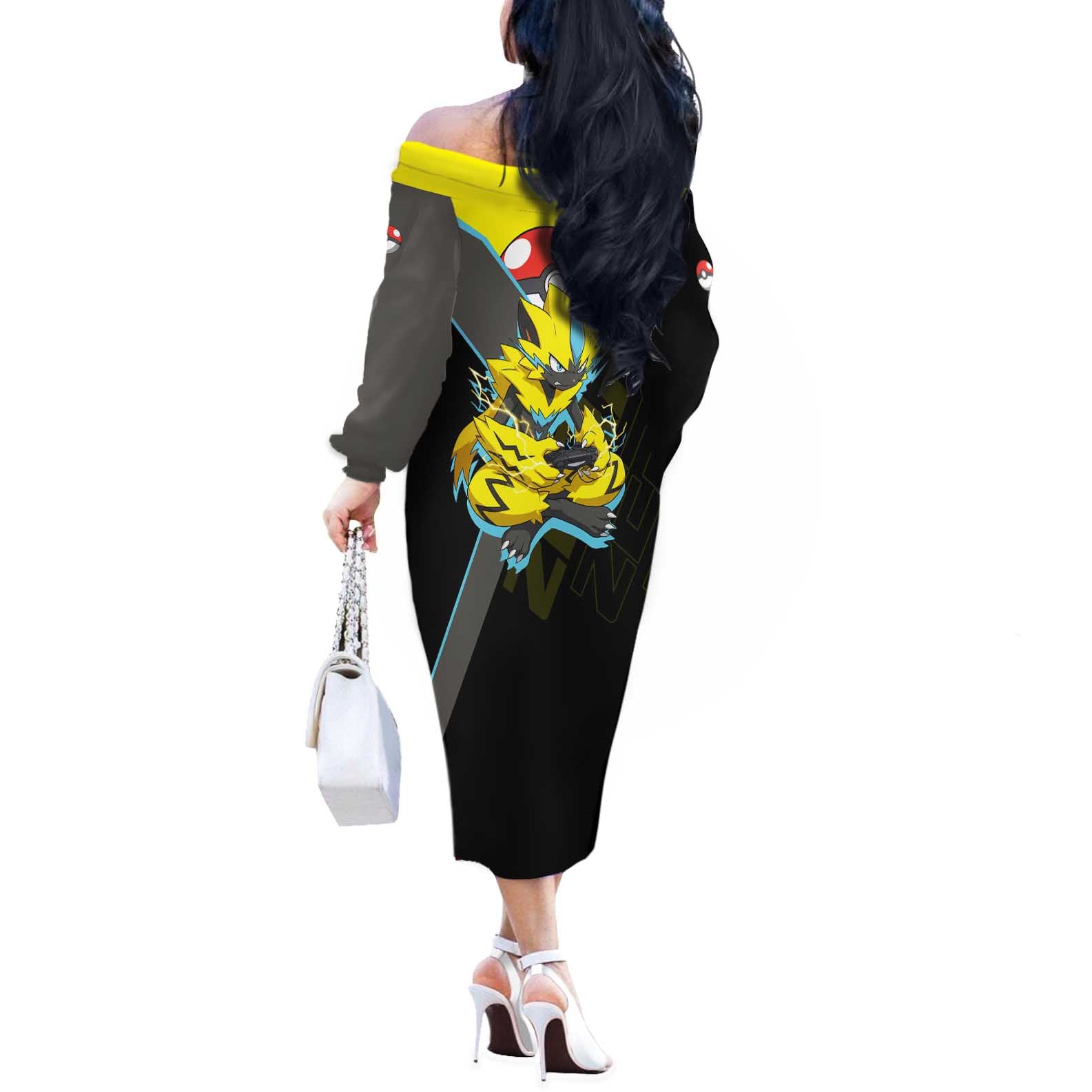 Zeraora Poké Off The Shoulder Long Sleeve Dress Electric Neon Anime Style