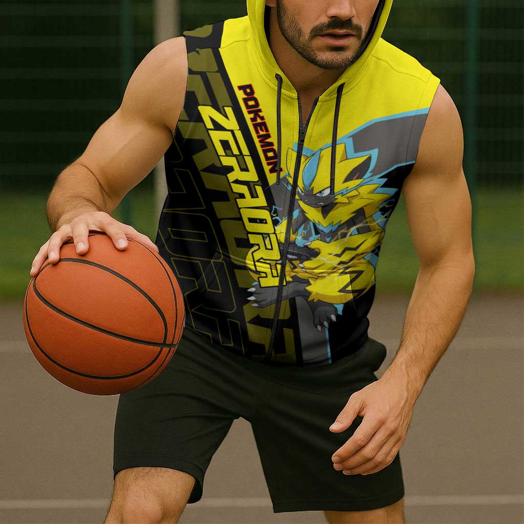 Zeraora Poké Sleeveless Zip Hoodie Electric Neon Anime Style