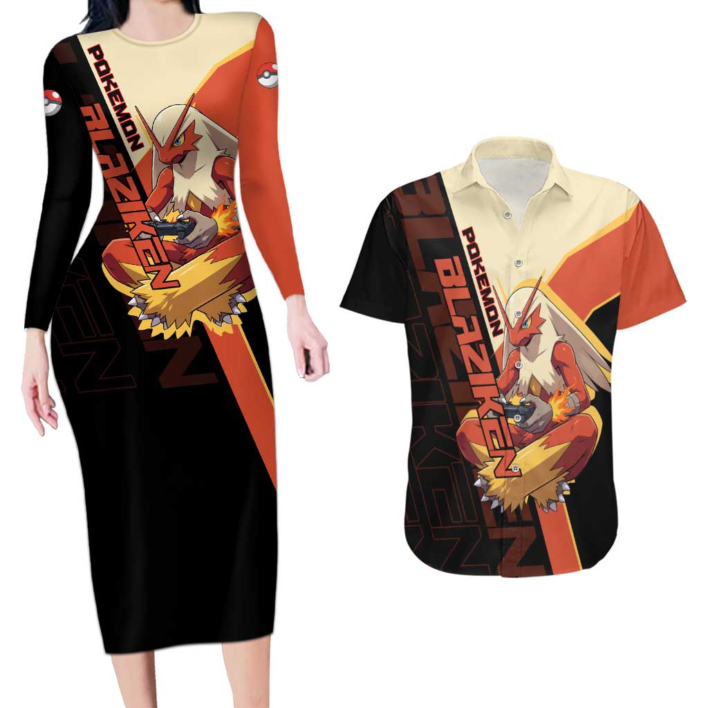 Blaziken Poké Couples Matching Long Sleeve Bodycon Dress and Hawaiian Shirt Retro Anime Vector Style