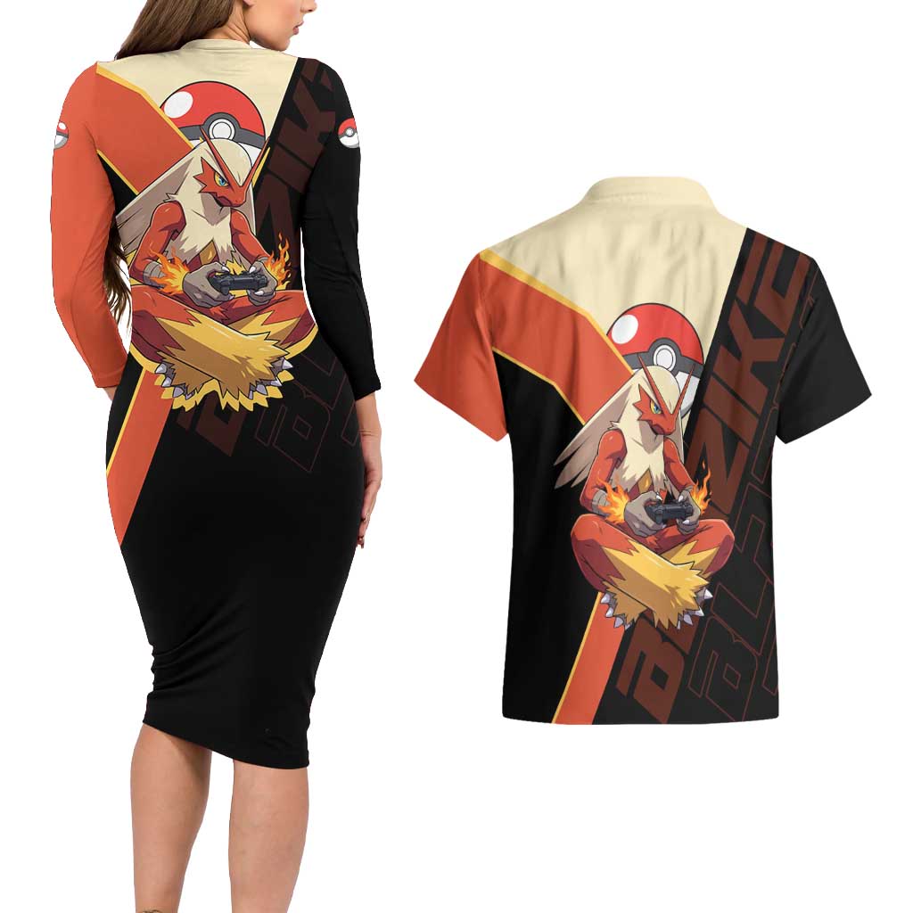 Blaziken Poké Couples Matching Long Sleeve Bodycon Dress and Hawaiian Shirt Retro Anime Vector Style
