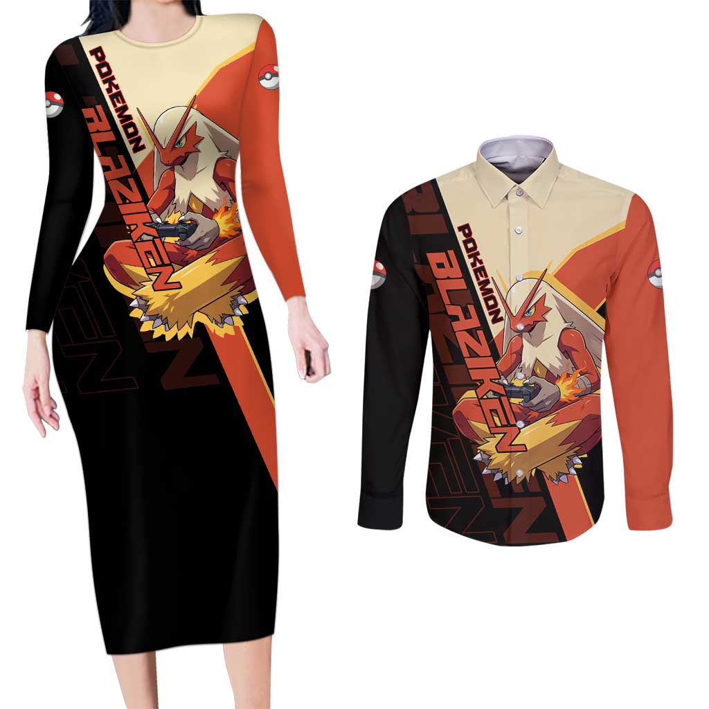Blaziken Poké Couples Matching Long Sleeve Bodycon Dress and Long Sleeve Button Shirt Retro Anime Vector Style