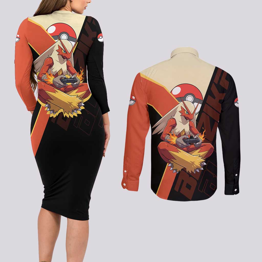 Blaziken Poké Couples Matching Long Sleeve Bodycon Dress and Long Sleeve Button Shirt Retro Anime Vector Style