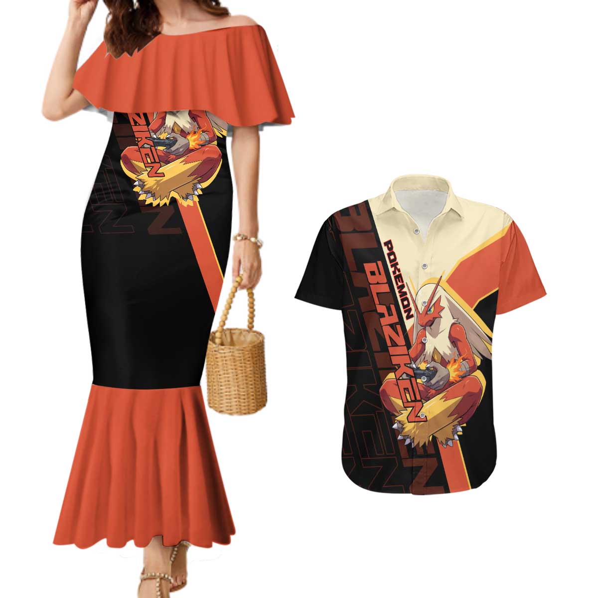 Blaziken Poké Couples Matching Mermaid Dress and Hawaiian Shirt Retro Anime Vector Style