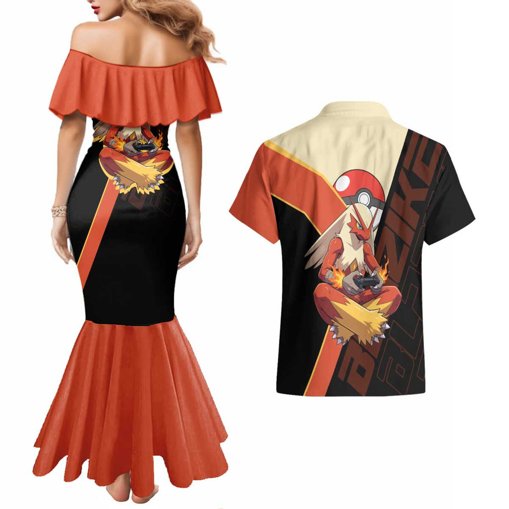 Blaziken Poké Couples Matching Mermaid Dress and Hawaiian Shirt Retro Anime Vector Style