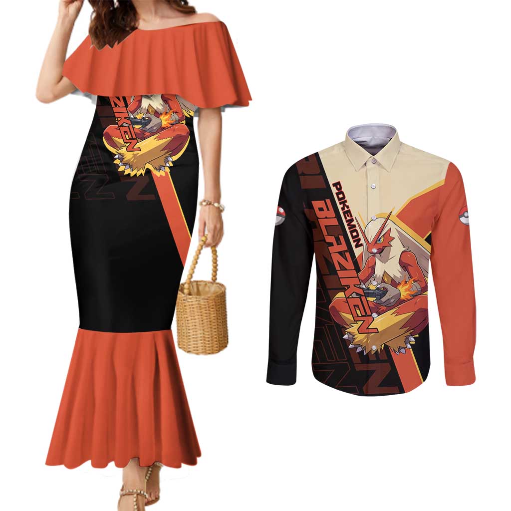 Blaziken Poké Couples Matching Mermaid Dress and Long Sleeve Button Shirt Retro Anime Vector Style