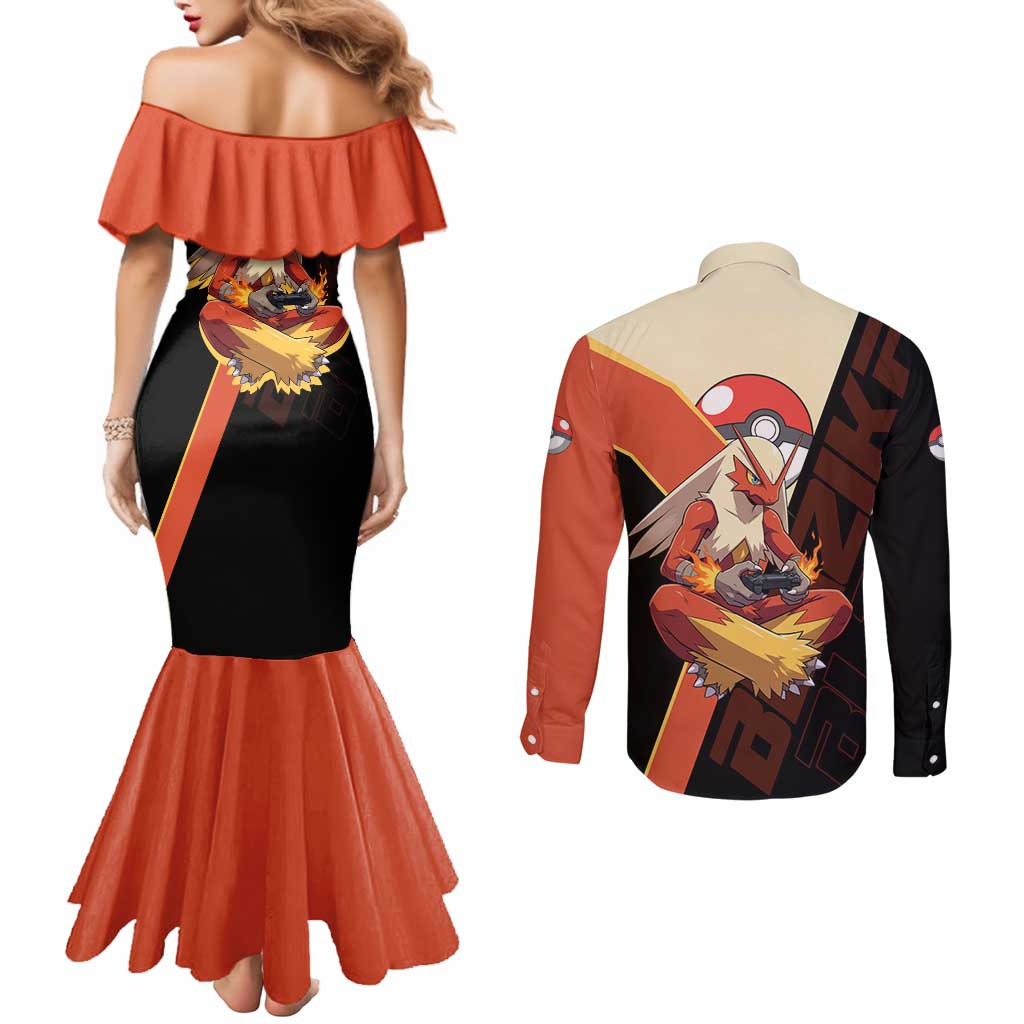 Blaziken Poké Couples Matching Mermaid Dress and Long Sleeve Button Shirt Retro Anime Vector Style