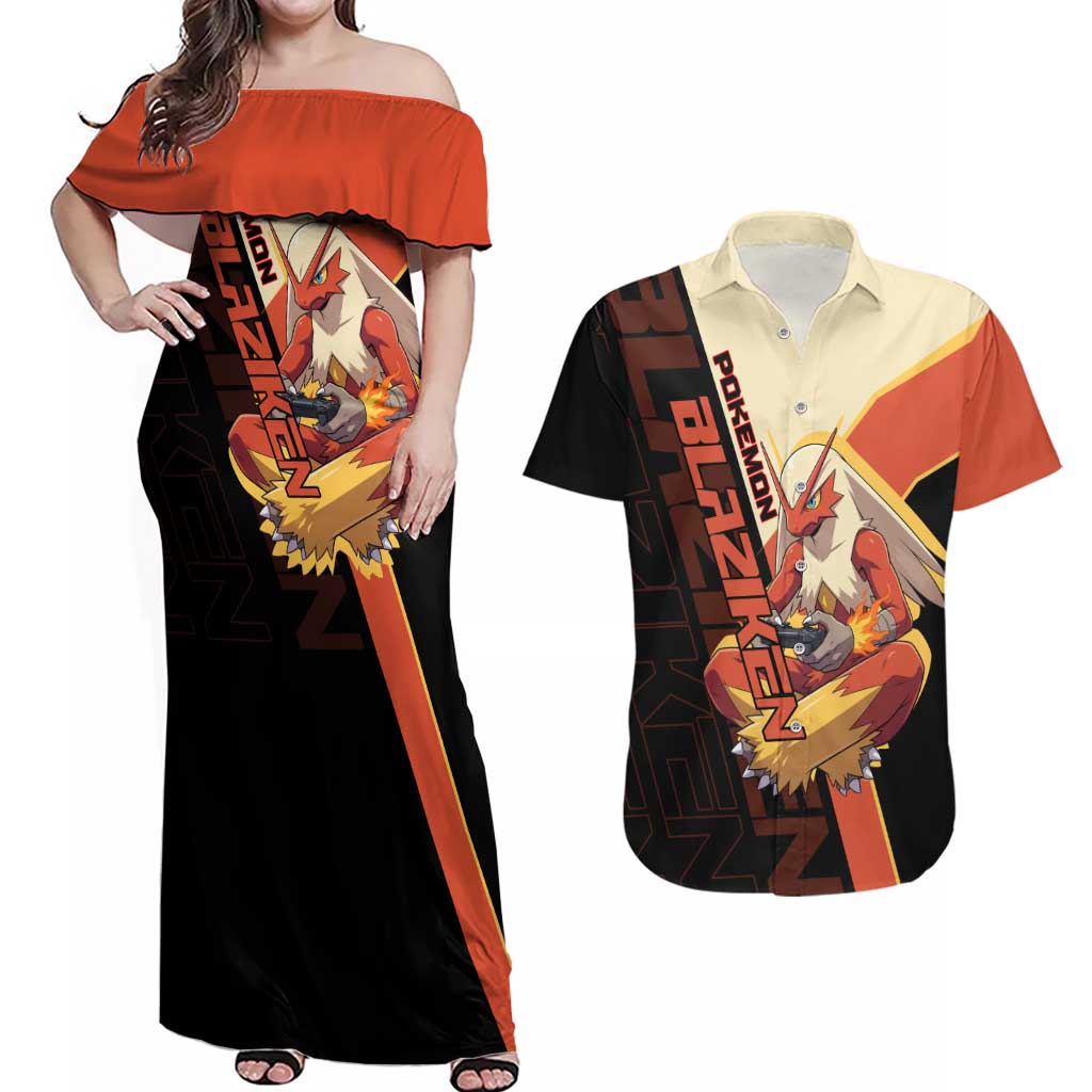 Blaziken Poké Couples Matching Off Shoulder Maxi Dress and Hawaiian Shirt Retro Anime Vector Style