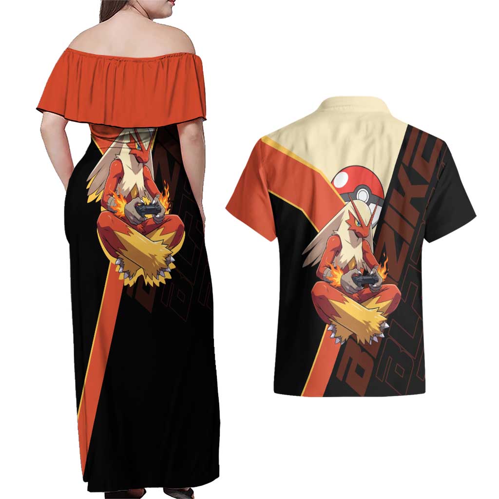 Blaziken Poké Couples Matching Off Shoulder Maxi Dress and Hawaiian Shirt Retro Anime Vector Style